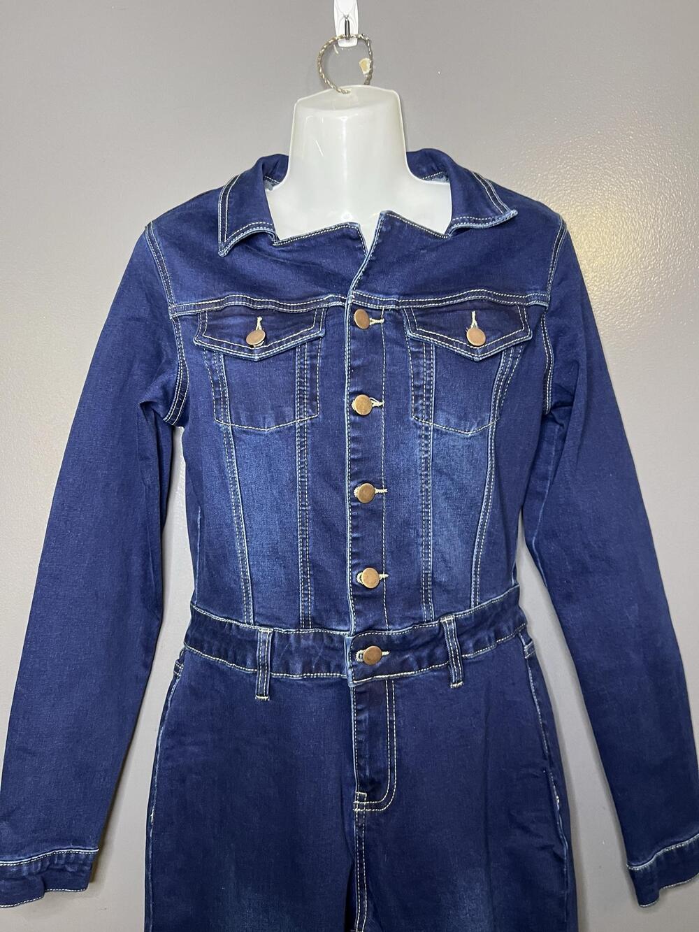 Fashion Nova Day Dreaming Jumpsuit Womens Medium Blue Denim Long Sleeve Belted